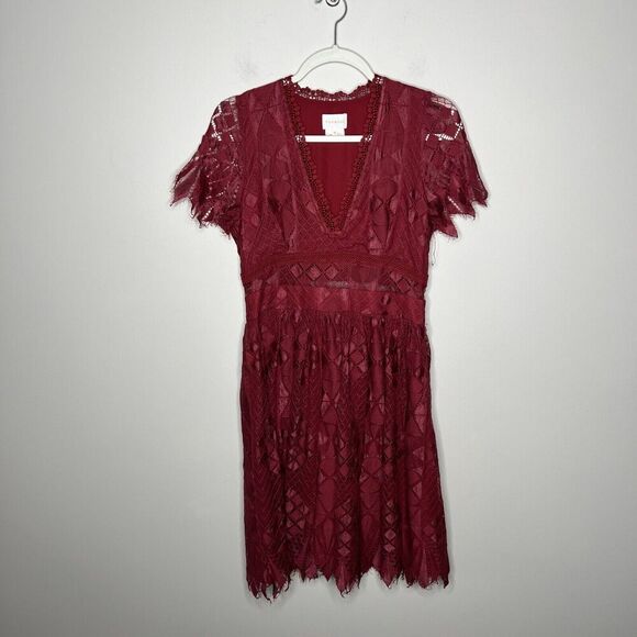 Anthropologie Foxidoe Dress Womens Medium Lace Burgundy Deep V Holiday Party - Picture 13 of 14